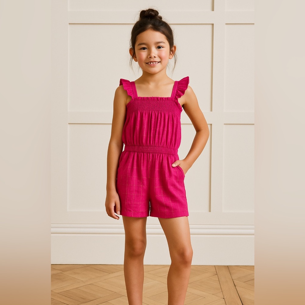 Cyrillus Boutique French Girls Carnation Pink Ruffled romper, 8, MSRP $79